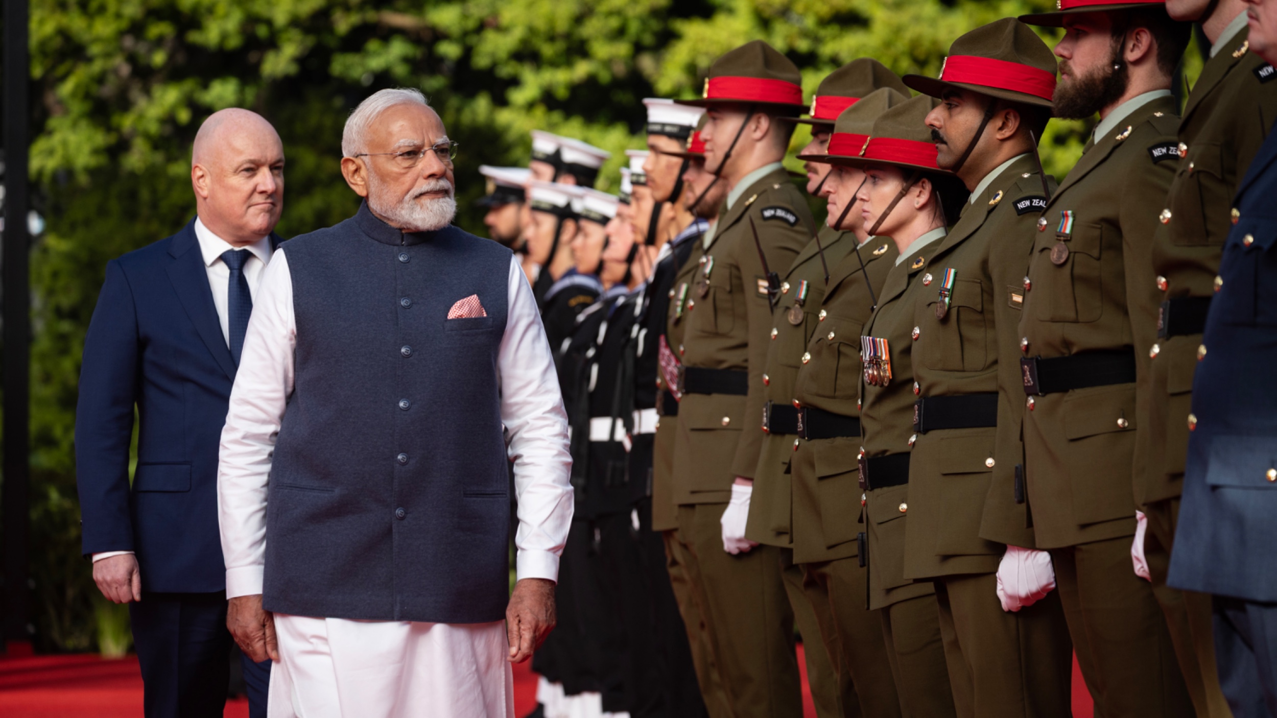 Narendra Modi inspects the guard of honour at Government House Auckland. (Bruce Mackay/The Post)