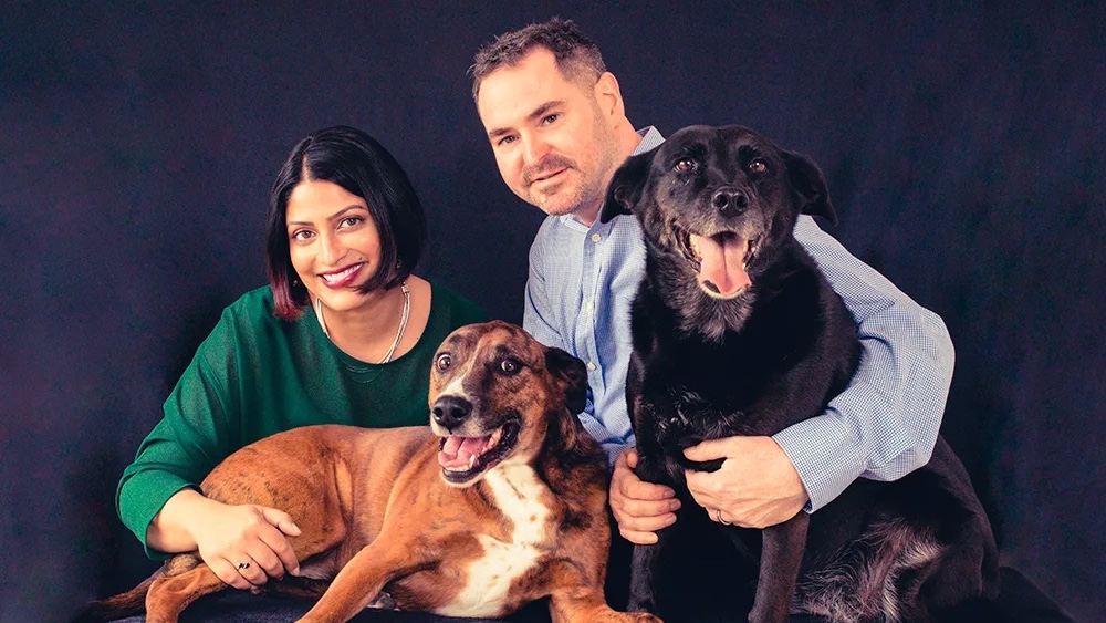 With husband Ewan and dogs Mika (left) and Gypsy. (Supplied photo)