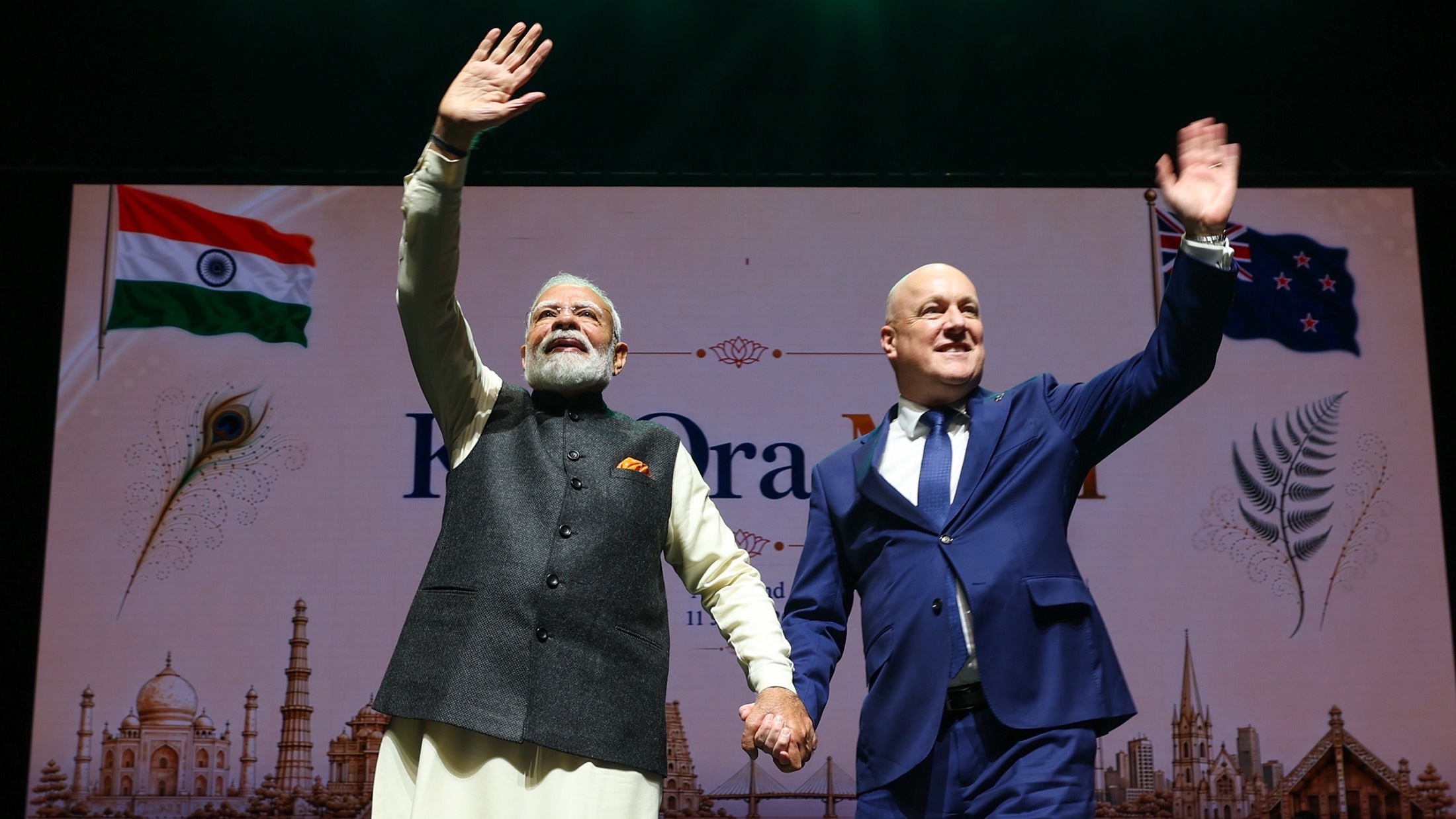 Luxon with India's Narendra Modi at a community reception at Spark Arena in Auckland on July 11. (Supplied photo)