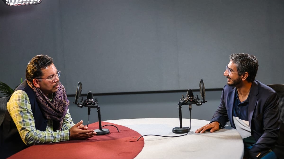 Dhruva Jaishankar speaks to RNZ journalist Gaurav Sharma in August. (RNZ/Blessen Tom)