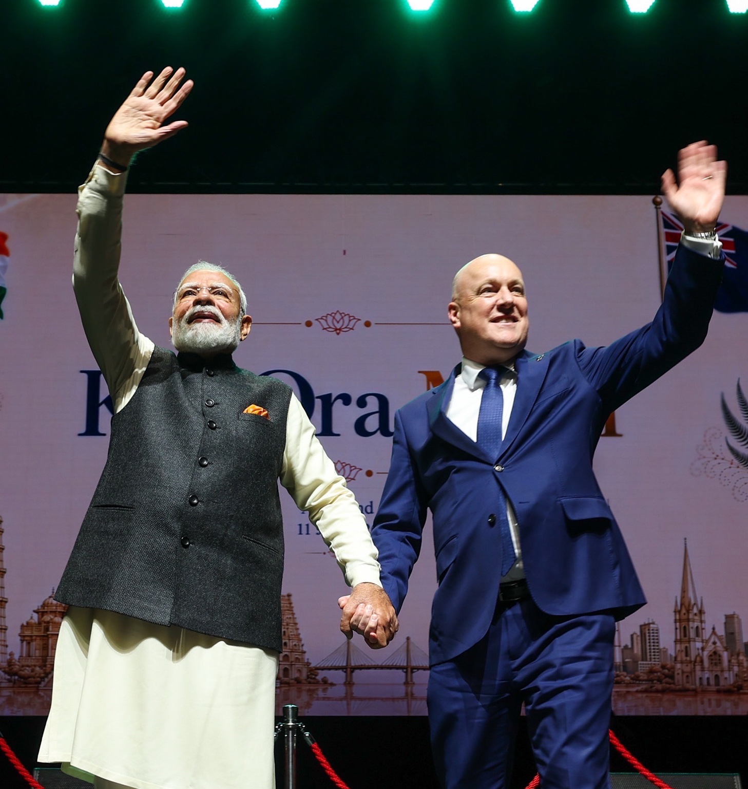 Prime Minister Christopher Luxon with India's Narendra Modi at a community reception at Spark Arena in Auckland on July 11. (Supplied photo)