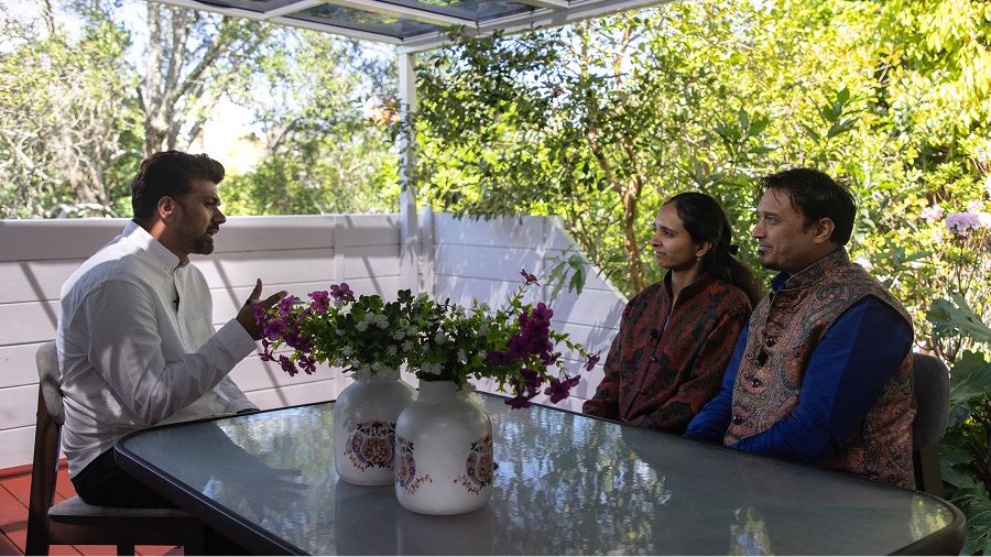 RNZ IndoNZ reporter Blessen Tom speaks with Kriti Karanam and Vinay Karanam at their Auckland home. (RNZ/Cole Eastham-Farrelly)