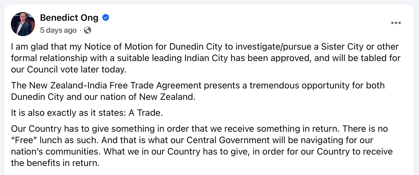 A screenshot of councillor Ong's Facebook post.
