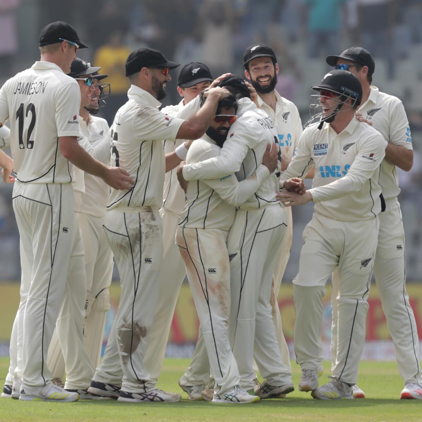 Black Caps players celebrate a wicket during Ajaz Patel's historic 10-wicket haul against India at Mumbai's Wankhede Stadium in December 2021. (Supplied photo)