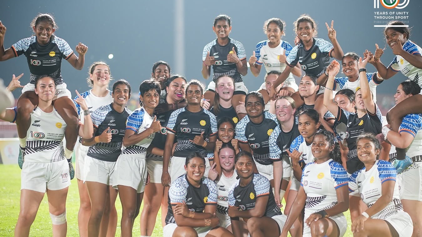Indian and Māori women rugby players pose together after the Under-20 rugby sevens series in Rajgir, Bihar, on October 27, 2026. (Supplied photo)