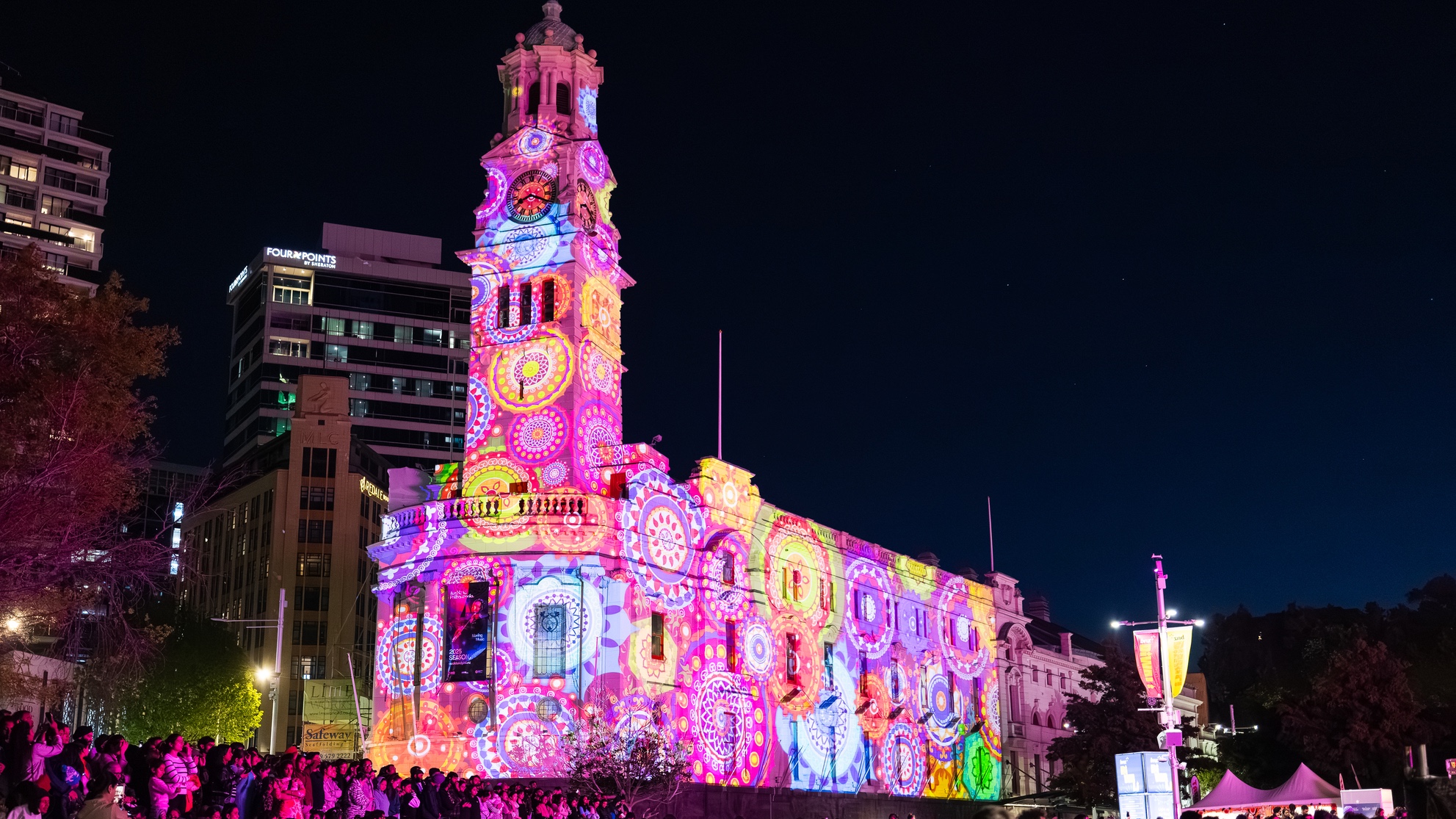 Auckland's Town Hall lights up with colourful Diwali projections during the BNZ Auckland Diwali Festival.