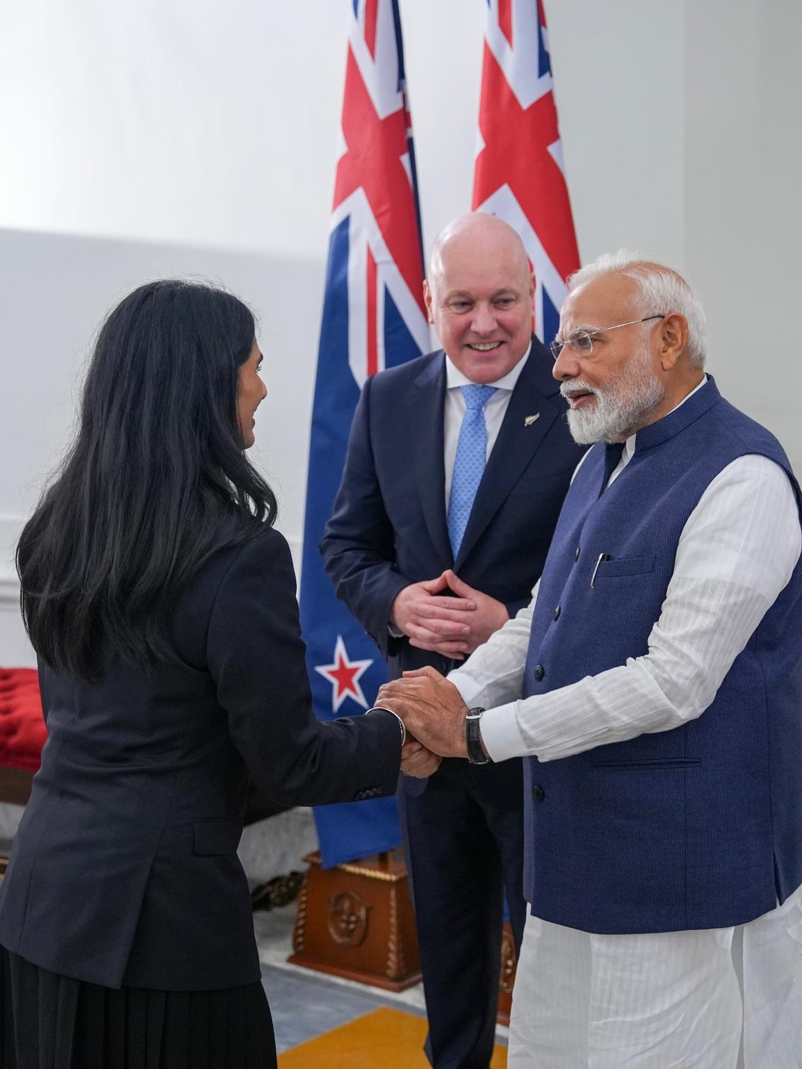 Muthu's middle daughter Mira, a barrister, works with minister Louise Upston and travelled as part of Luxon's delegation to India in March 2025. (Supplied photo)