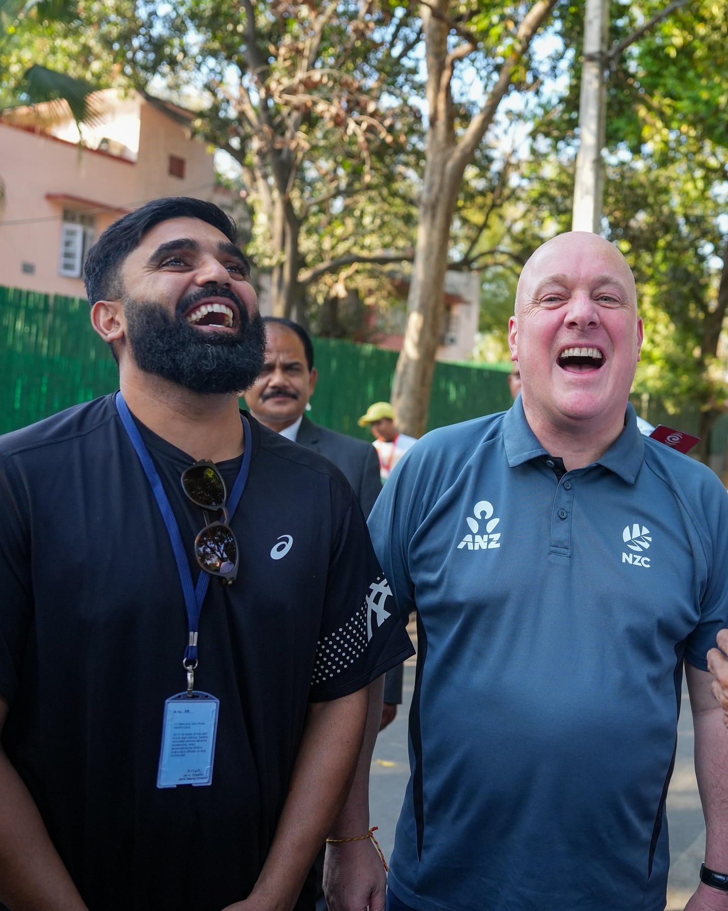 Ajaz Patel shares a laugh with prime minister Christopher Luxon while playing street cricket &nbsp;in New Delhi during their India trip in March 2025. (Supplied photo)