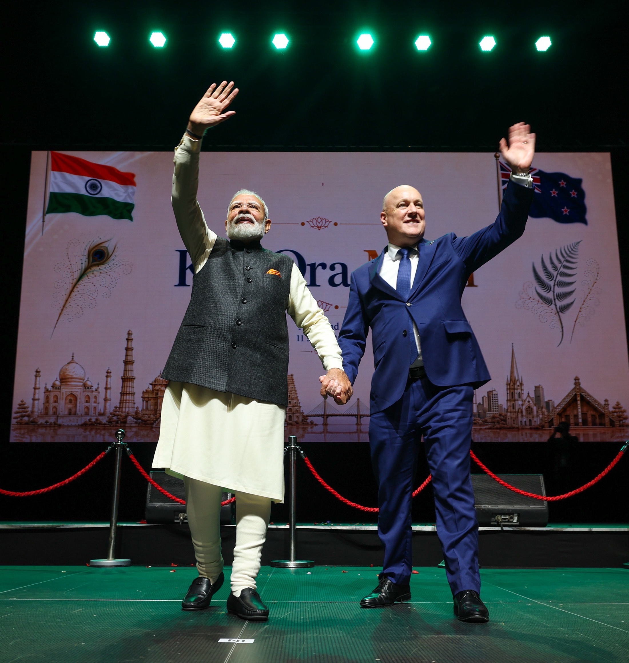 Prime Minister Christopher Luxon with India's Narendra Modi at a community reception at Spark Arena in Auckland on July 11. (Supplied photo)