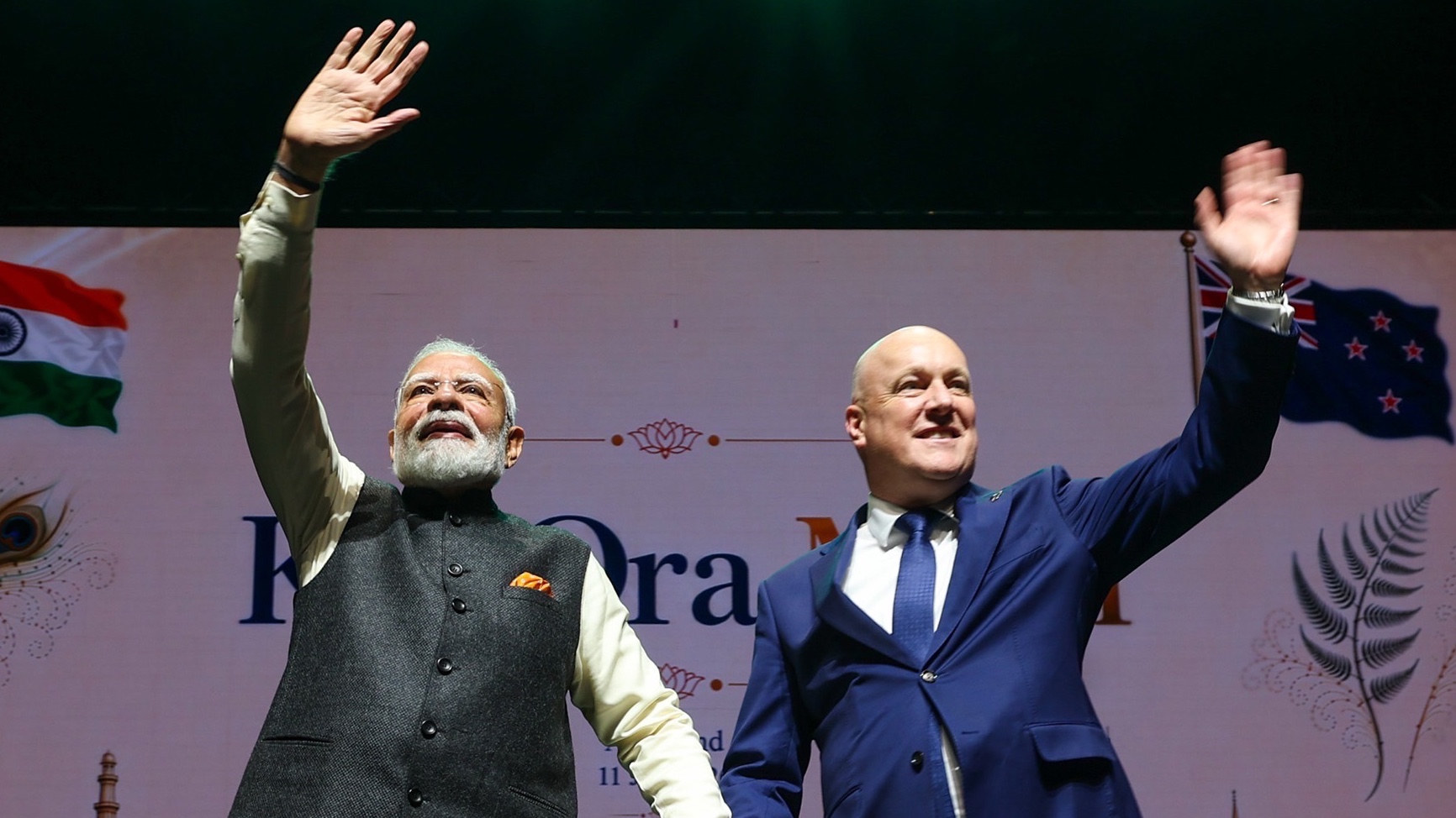 Prime Minister Christopher Luxon with India's Narendra Modi at a community reception at Spark Arena in Auckland on July 11. (Supplied photo)