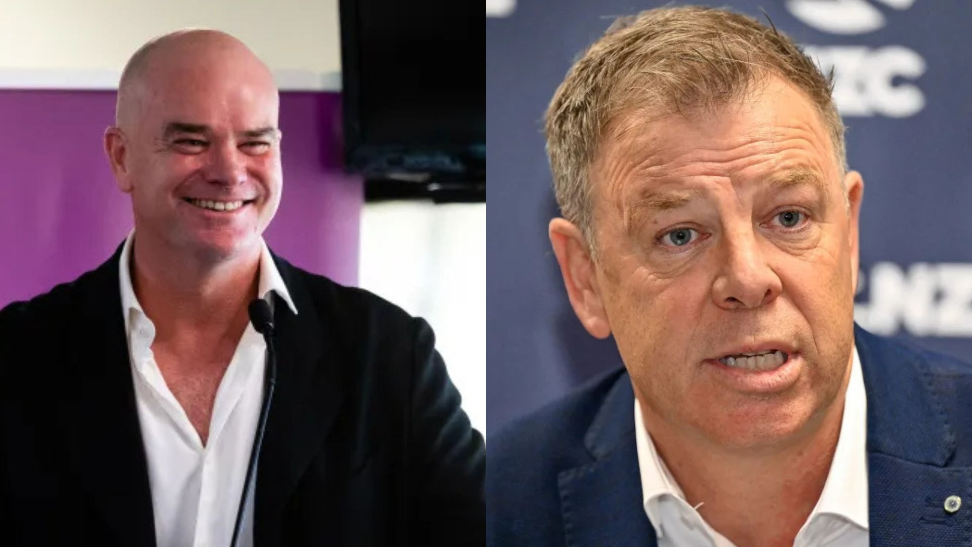 Two side-by-side images of men, one smiling and the other with a serious expression, both wearing formal attire.