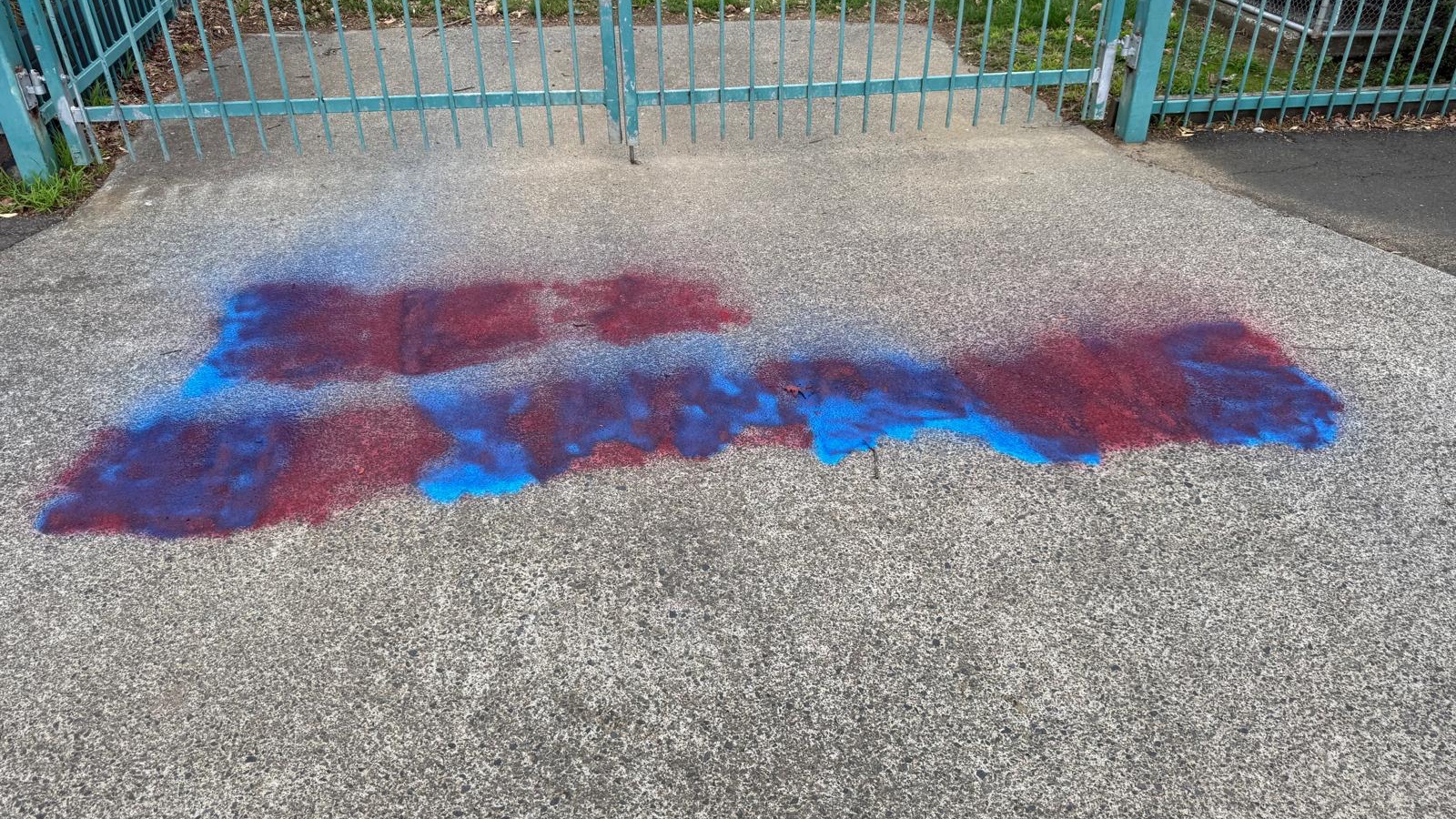Red and blue paint is spread across a concrete surface in front of a blue metal gate.