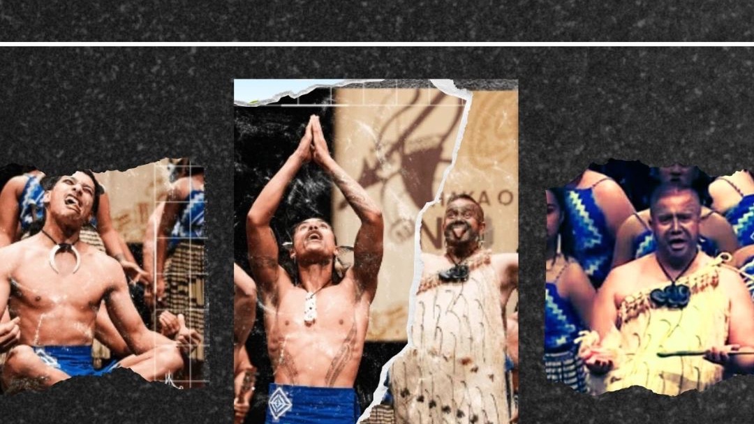 A collage of three images of men performing a Haka, with the middle image partially obscured by a torn effect, accompanied by the text 