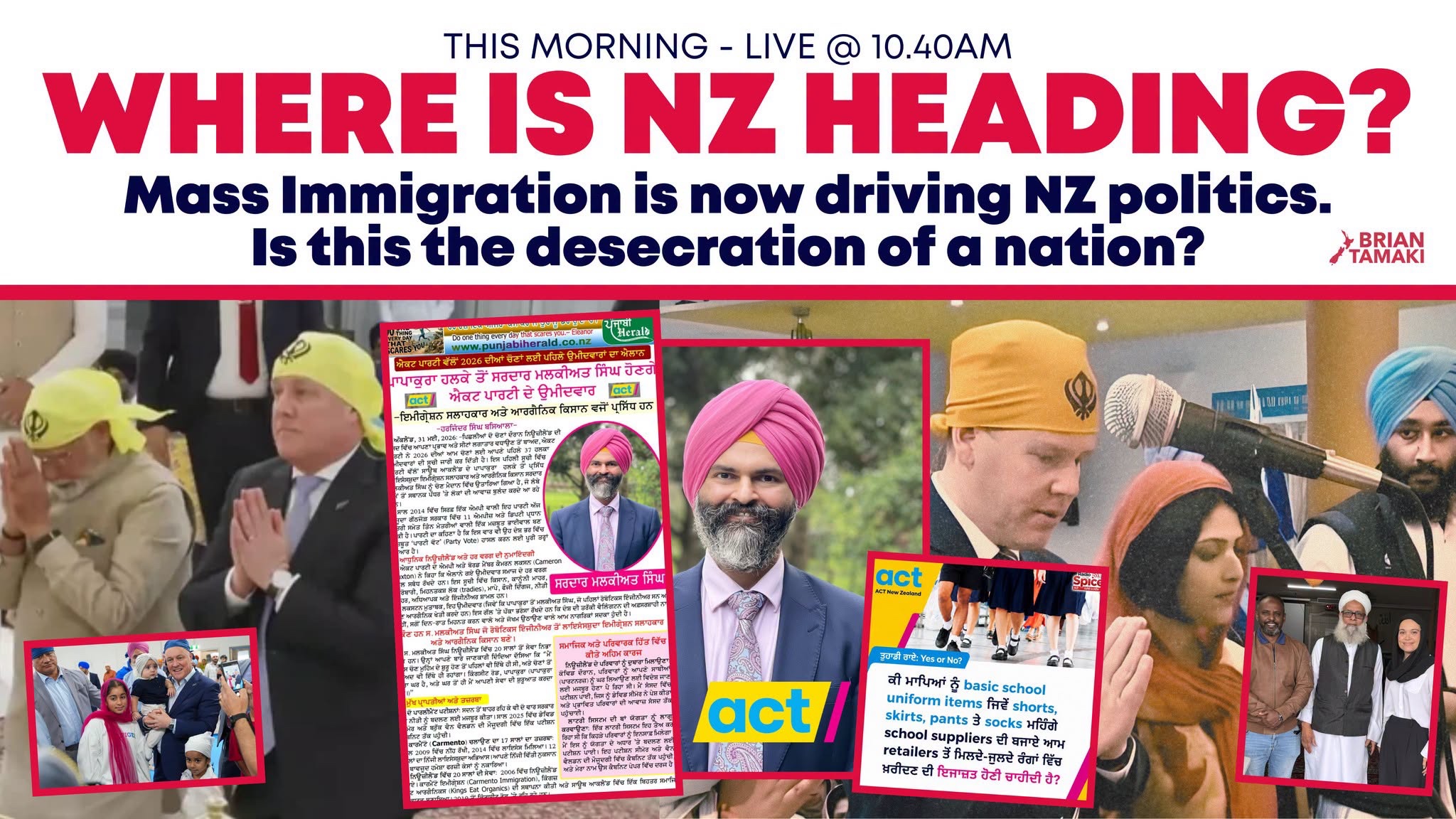A collage of images and text discussing the impact of mass immigration on New Zealand politics, featuring various political figures and community members.