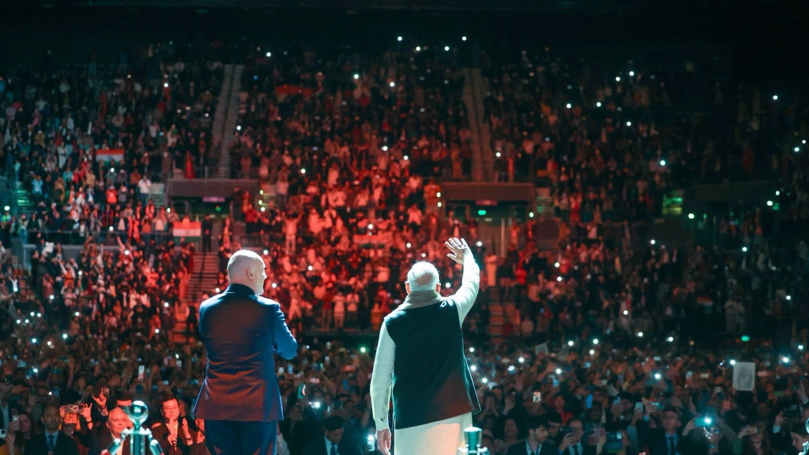 indias_narendra_modi_and_christopher_luxon_acknowledge_the_indian_diaspora_at_a_community_reception_in_auckland_on_july_11_2026_supplied_photo