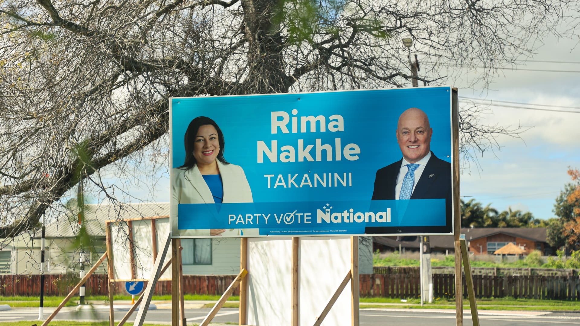 A campaign hoarding for National candidate Rima Nakhle sits on the side of a road in the South Auckland electorate of Takanini ahead of the November election. (RNZ/Blessen Tom)